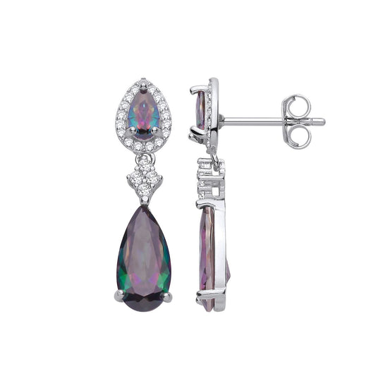 Silver Rainbow Pear Topaz & CZ Pear Halo Peacock Drop Earrings - EAG1349