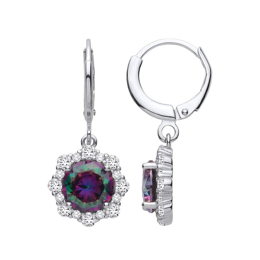 Silver Rainbow Topaz & CZ Scalloped Halo Peacock Drop Earrings - EAG1350