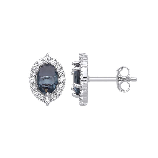 Silver Blue Oval Topaz & CZ Citron Halo Solitaire Stud Earrings - EAG1351
