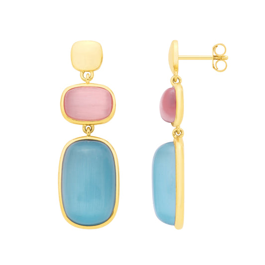 Gold Plated Silver Pink & Blue Chalcedony Gemstone Drop Earrings - EAG1354