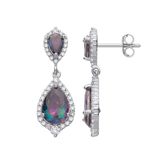Silver Rainbow Pear CZ Pear Shield Halo Peacock Drop Earrings - EAG1355