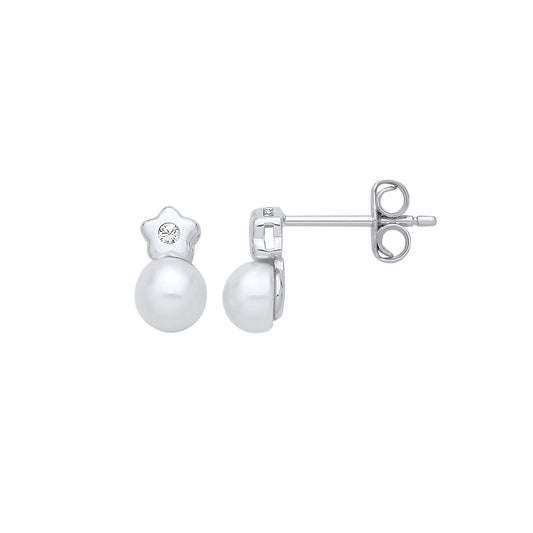 Silver Pearl & CZ Full Moon Twinkle Star Solitaire Drop Earrings - EAG1359