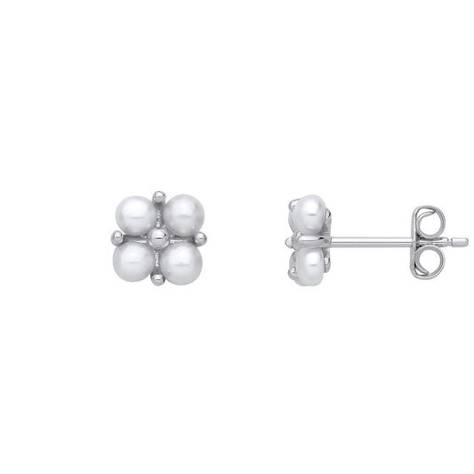 Silver Pearl Four-Lobe Clover Cluster Stud Earrings - EAG1364