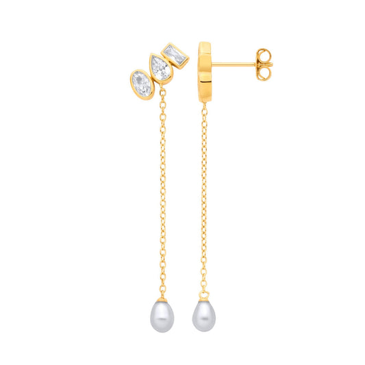 Gold-plated Silver Pearl CZ Past Present Future Drop Earrings - EAG1365