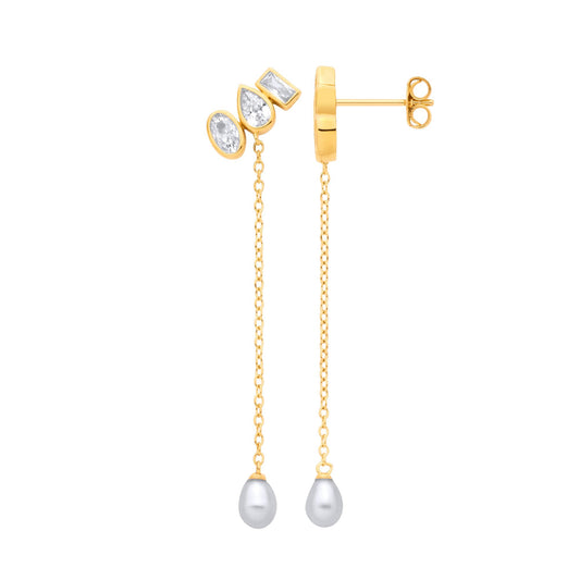 18K Gold Plated Sterling Silver CZ & Fresh Water Pearl Chain Drop Earrings - EAG1365