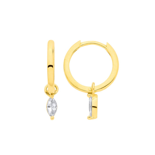 Gold-plated Silver Marquise CZ Charm Huggie Hoop Drop Earrings - EAG1367