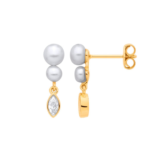 18K Gold Plated Sterling Silver CZ & Fresh Water Pearl 3.5-4mm Drop Earrings - EAG1374