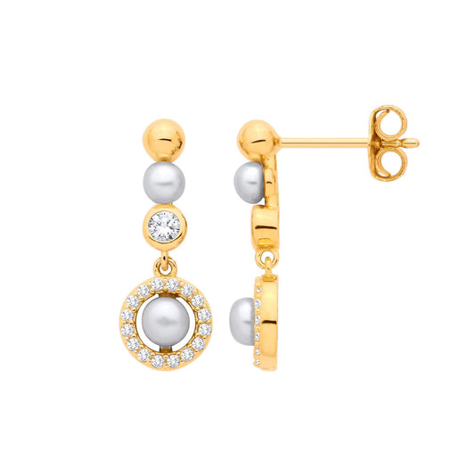 Gilded Silver Button Pearl & CZ Saturn Halo Orbit Drop Earrings - EAG1381