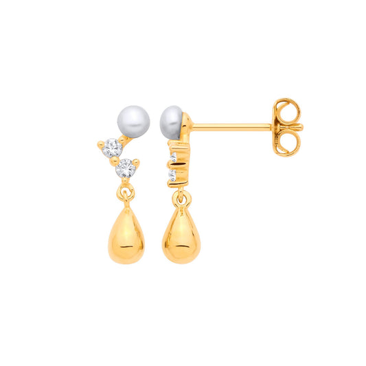 18K Gold Plated Silver CZ Fresh Water Pearl 3-3.5mm Drop Earrings - EAG1382