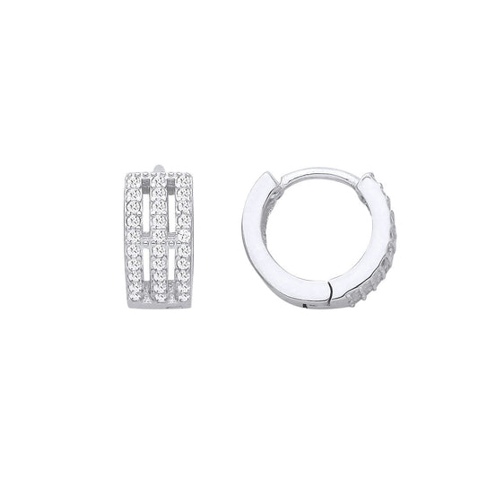 Silver CZ Triple Row Pave Eternity Huggie Hoop Earrings - EAG1398