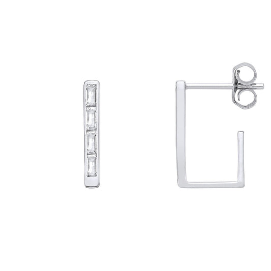 Silver Baguette CZ Ice Block Rectangular J-Hoop Drop Earrings - EAG1403