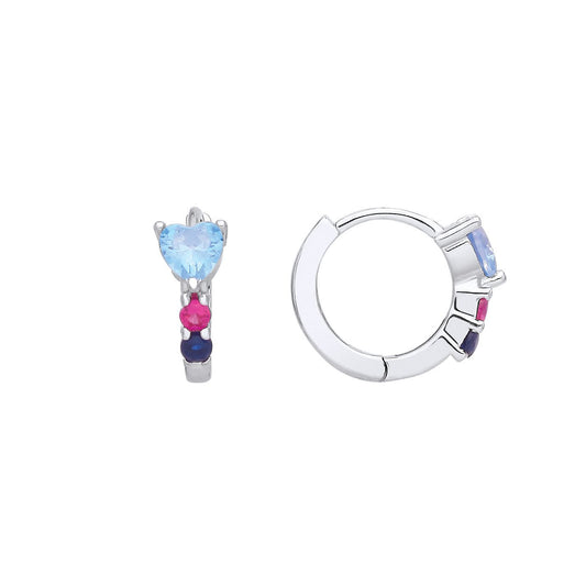 Silver Light Blue & Red Heart CZ Heart Wand Huggie Hoop Earrings - EAG1407