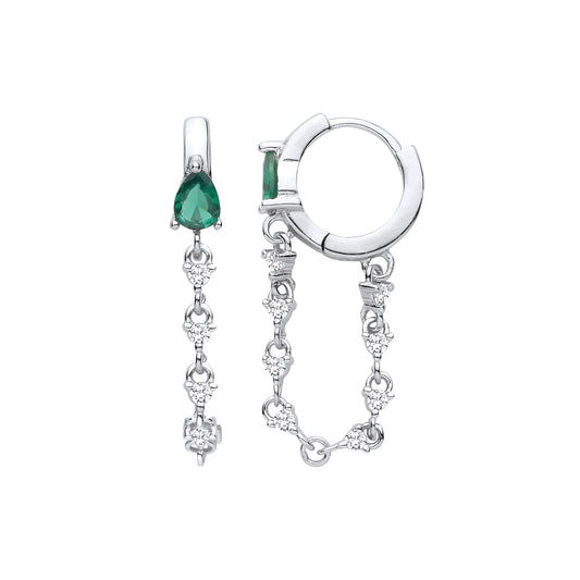 Silver Green Pear CZ Tennis Raindrop Huggie Hoop Drop Earrings - EAG1409