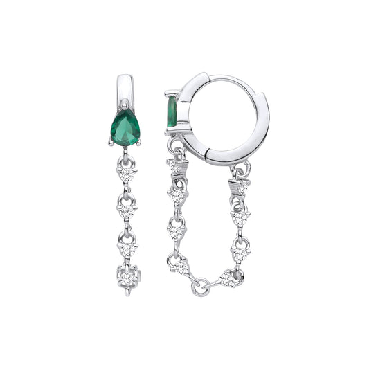 Silver Green Pear CZ Huggie Hoop Chain Link Drop Earrings - EAG1409
