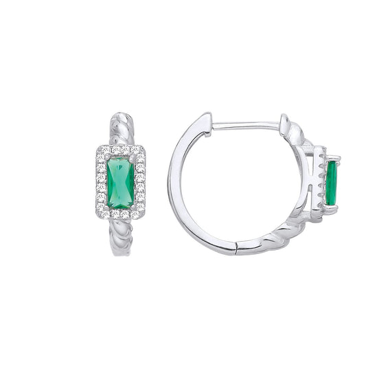 Sterling Silver CZ & Emerald Huggie Hoop Earrings - EAG1411