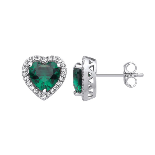Silver Green Heart CZ Envy Love Heart Halo Stud Earrings - EAG1416