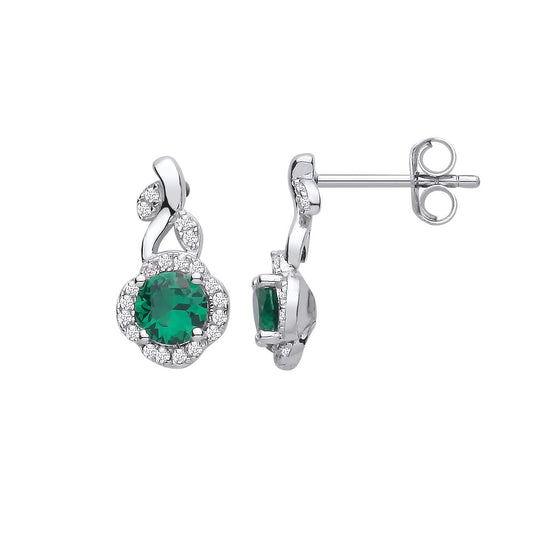 Silver Green CZ Hypnotic Bloom Scalloped Halo Leafy Drop Earrings - EAG1423