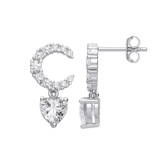 Silver Heart CZ Crescent Moon Cluster Love Drop Earrings - EAG1424