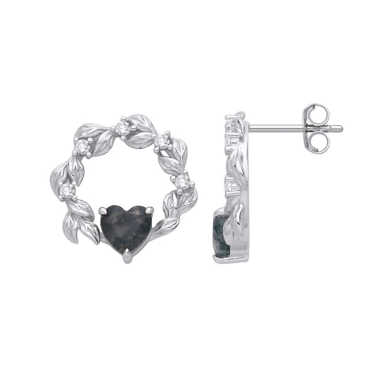 Silver Black Heart Moss Agate CZ Spooky Fog Forest Drop Earrings - EAG1430