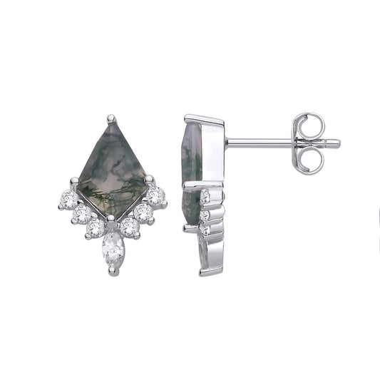 Silver Moss Agate CZ Art Deco Arrowhead Chandelier Drop Earrings - EAG1431