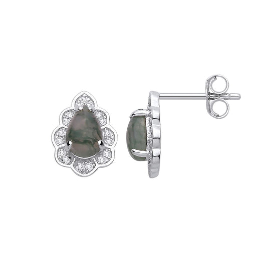 Sterling Silver CZ & Moss Agate Teardrop Stud Earrings - EAG1434