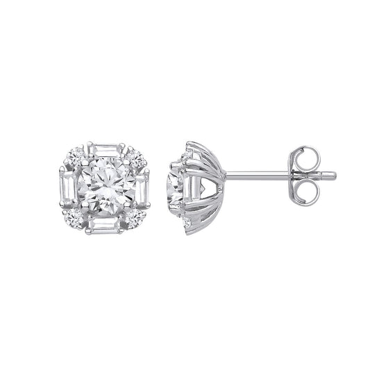 Silver Baguette CZ Art Deco Cushion Solitaire Stud Earrings - EAG1436