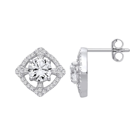 Silver CZ Maltese Cross Scalloped Square Halo Drop Earrings - EAG1437