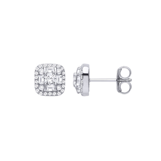 Silver CZ Round & Baguette Square Cluster Stud Earrings - EAG1465