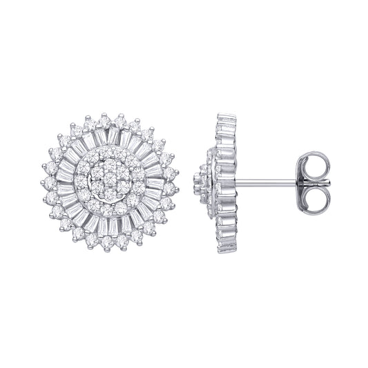 Silver CZ Round & Baguette Cluster Stud Earrings - EAG1466
