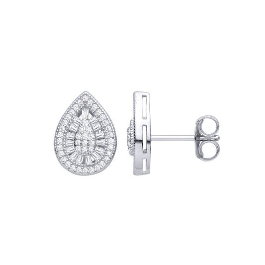 Silver Baguette CZ Avocado Pear Halo Cluster Stud Earrings - EAG1467