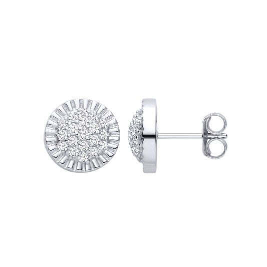Silver CZ Fluted Sunburst Halo Pave Dome Cluster Stud Earrings - EAG1468