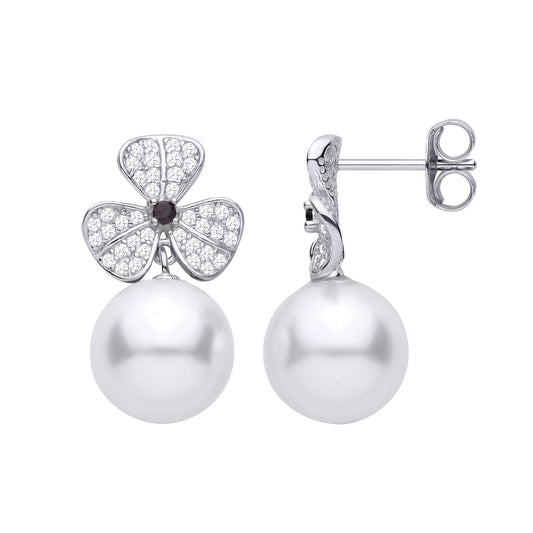 Silver CZ 3 Leaf Clover Freshwater Pearl Drop Earrings - EAG1469