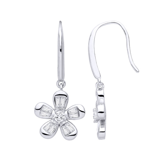 Silver Baguette CZ Daisy Flower Cluster Drop Earrings - EAG1471