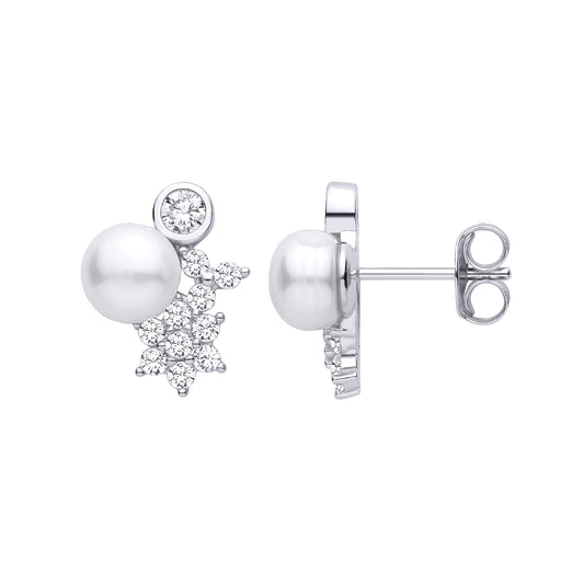 Silver CZ Cluster & Freshwater Pearl Stud Earrings - EAG1473