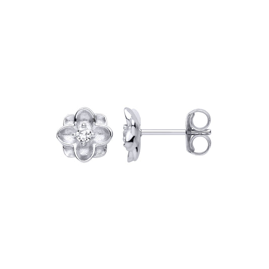 Silver CZ Matte Concaved Square Flower Clover Stud Earrings - EAG1475