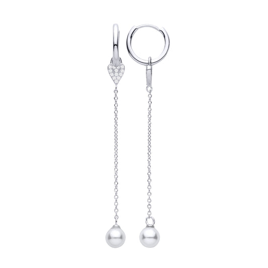 Silver CZ Heart & Freshwater Pearl Chain Drop Earrings - EAG1476