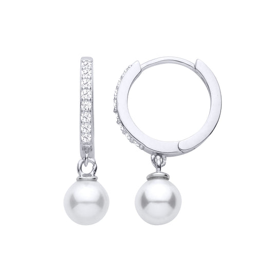 Silver Pearl CZ Floating Charm Eternity Hoop Drop Earrings - EAG1479