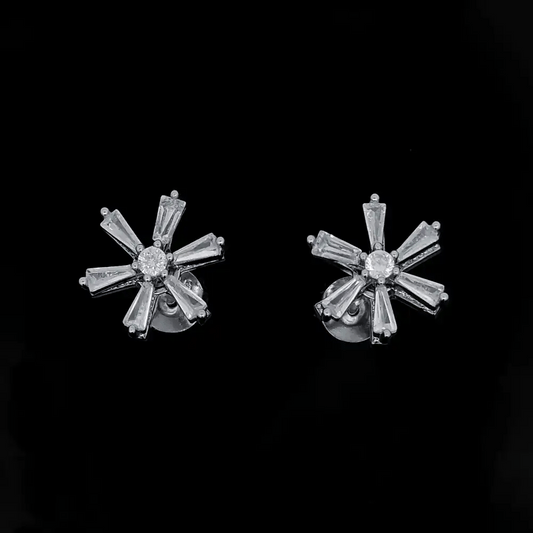 Silver CZ Round & Baguette Spinning Flower Windmill Stud Earrings - EAG1483