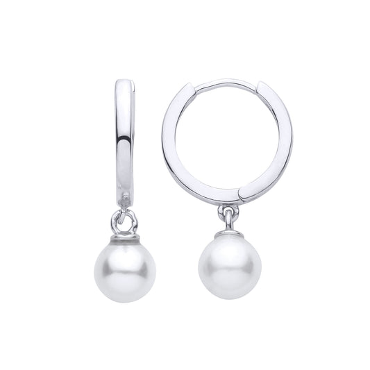 Silver Pearl Floating Full Moon Charm Huggie Hoop Drop Earrings - EAG1485
