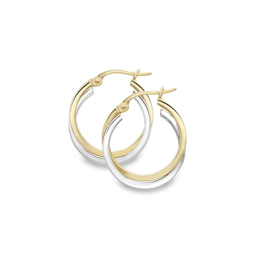 9ct 2-Colour Gold Square Tube Double Overlap Hoop Earrings 15mm - EANR02029