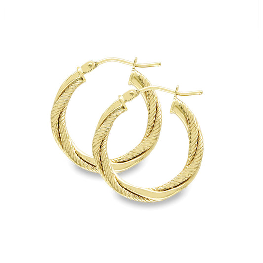 9ct Gold Square Tube Triple Overlap Twist Hoop Earrings 15mm - EANR02042