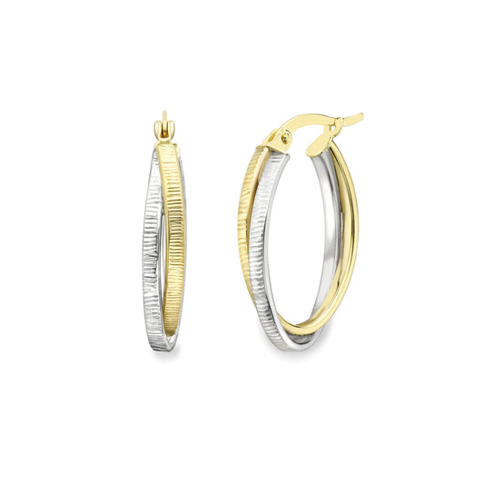 9ct Gold Two-Tone Textured Oval Hoop Earrings - EANR02189