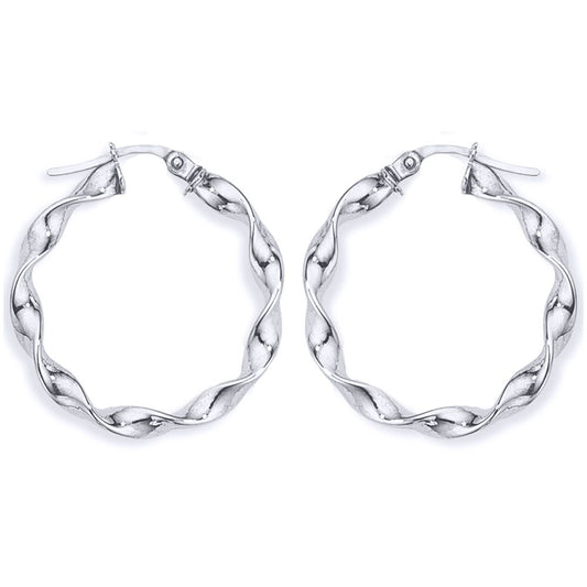 Ladies 9ct White Gold Candy Twist Ribbon Hoop Earrings - 25mm - ENR02396
