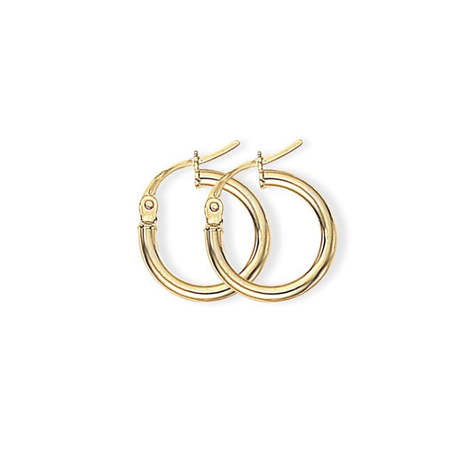 Ladies 9ct Gold 2mm Gauge Plain Polish Hoop Earrings 14mm - ENR02550