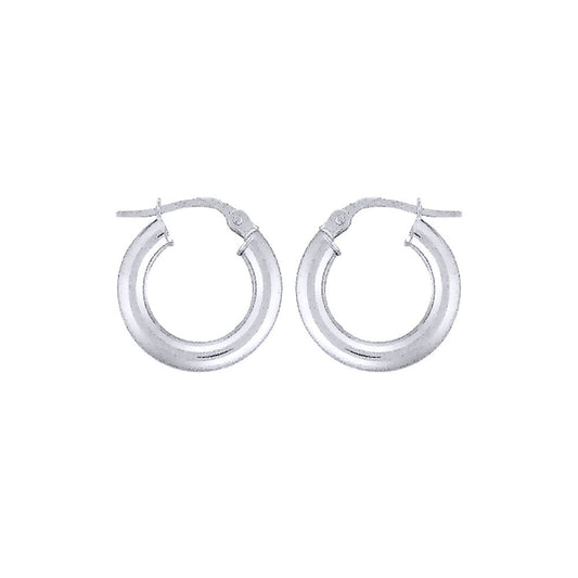 Ladies 9ct White Gold 3mm Gauge Classic Plain Hoop Earrings 15mm - ENR02904