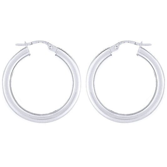 Ladies 9ct White Gold 3mm Gauge Classic Plain Hoop Earrings 25mm - ENR02906