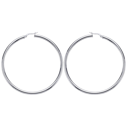 Silver Round Tube Polished Hoop Earrings 65mm - ER12