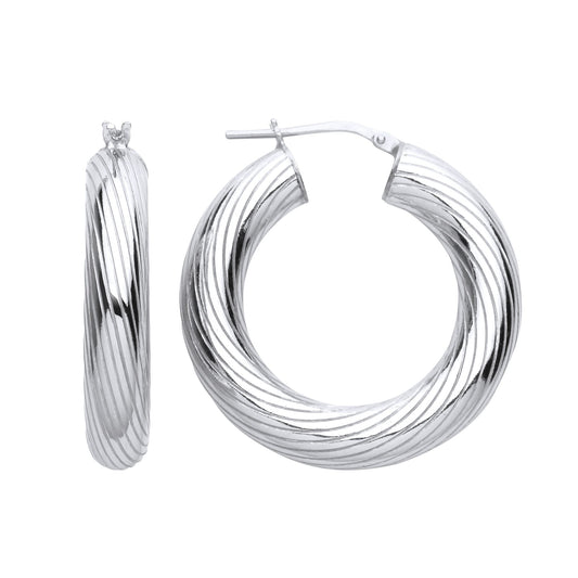 925 Sterling Silver Barked Hurricane Twist Hoop Earrings - ER128