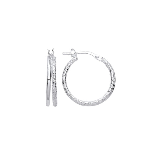 925 Sterling Silver Frosted Barked Double Hoop Earrings 19mm - ER138