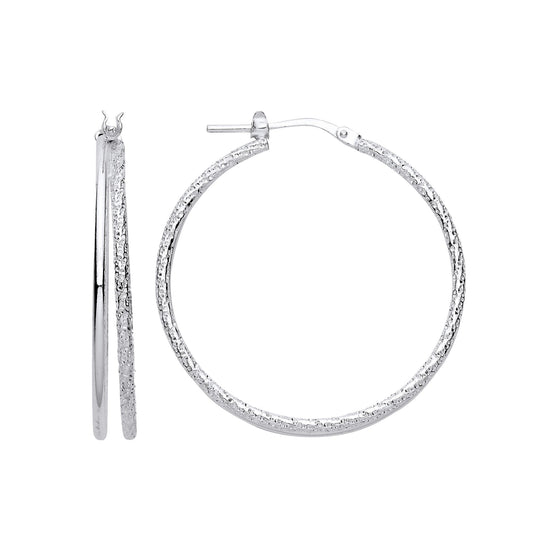 925 Sterling Silver Frosted Barked Double Hoop Earrings 33mm - ER138